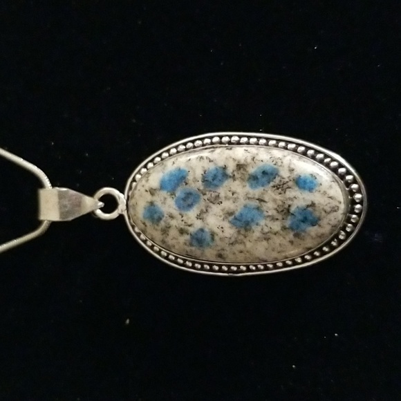 Jewelry - Long Oval K2 Azurite Pendant Dotted Border with Chain